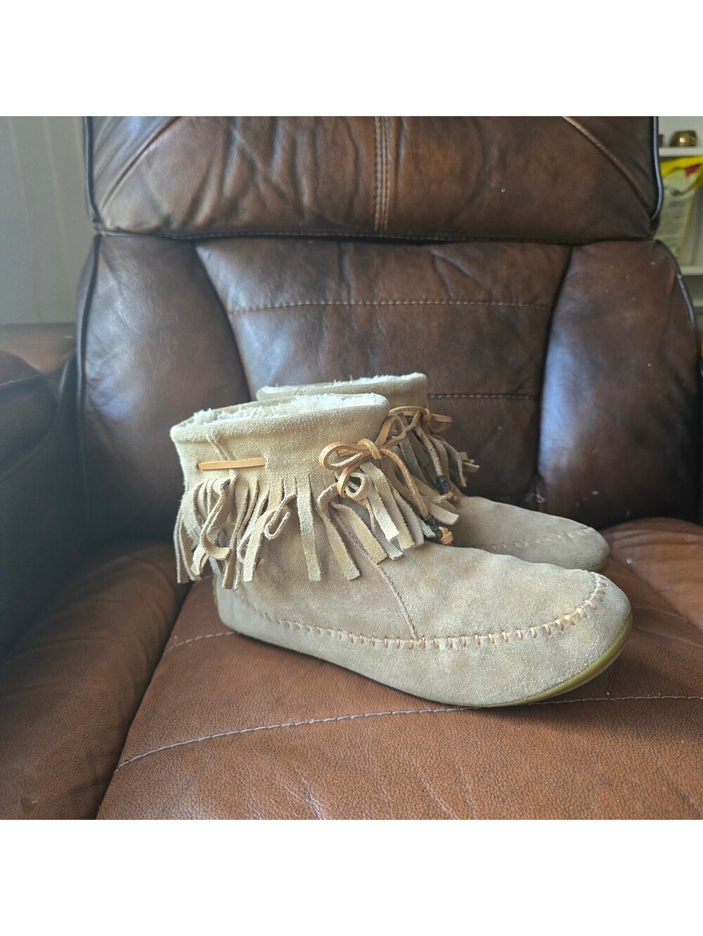 Lucky Brand Womens 10 Suede Fringe Moccasin Ankle Booties Shearling Lined